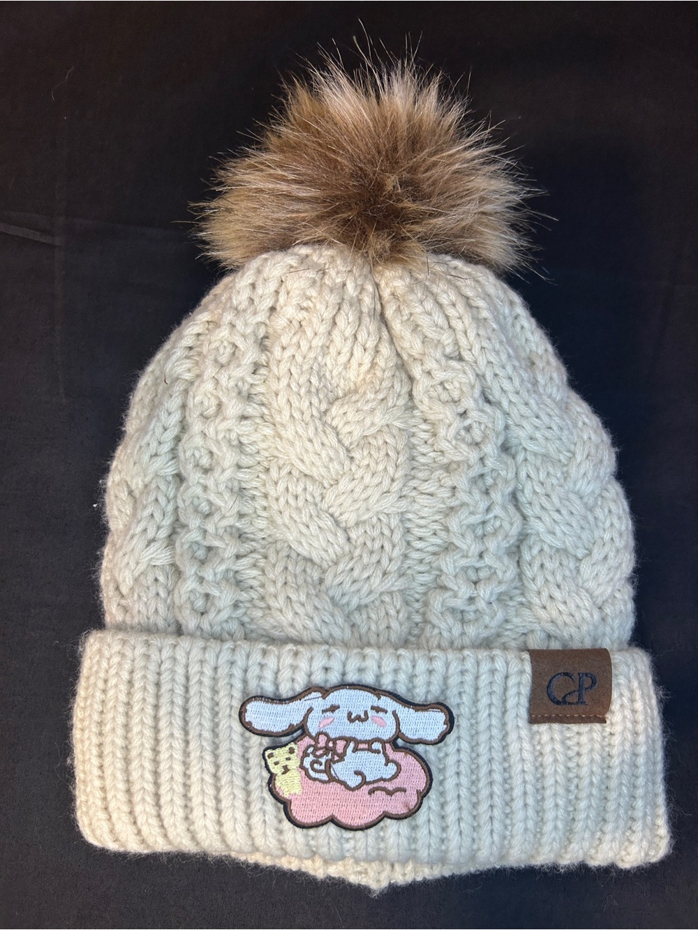 Kids Cream Cable Knit Pom Pom Beanie with Cute Patch